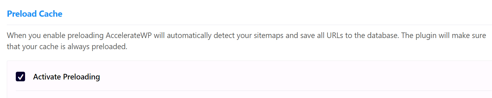 Activate AccelerateWP's cache preloading Activate AccelerateWP's cache preloading